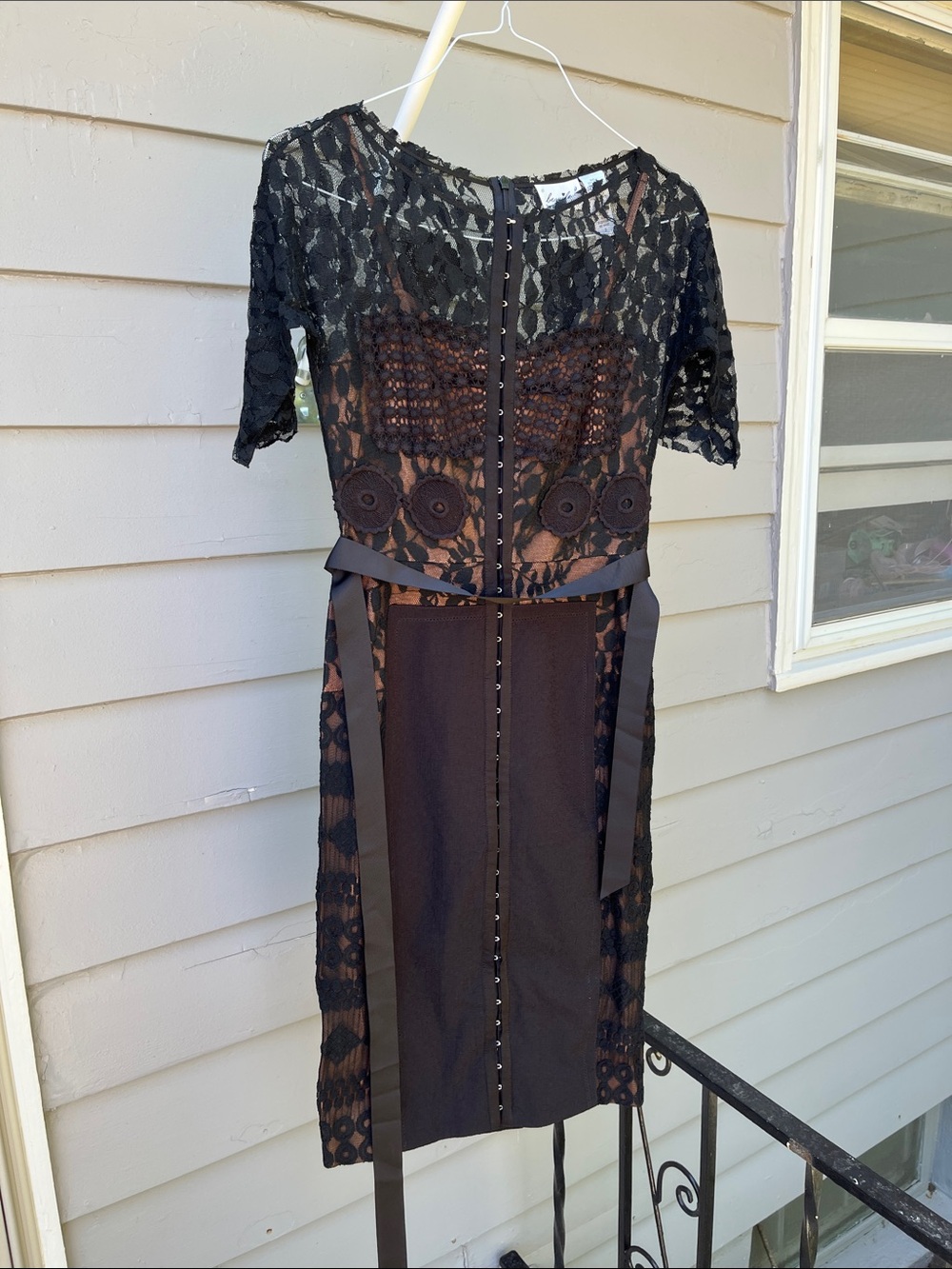 Byron Lars Black Lace Midi Dress with Ribbon Waist